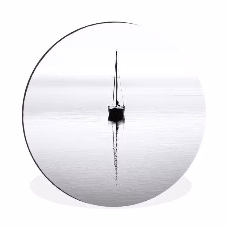 Zeilboot - Zwart - Water - Silhouet Wandcirkel aluminium klein -3d