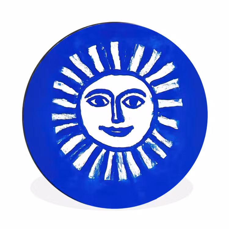 Zon - Gezicht - Penseelstructuur - Blauw Wandcirkel aluminium klein -3d