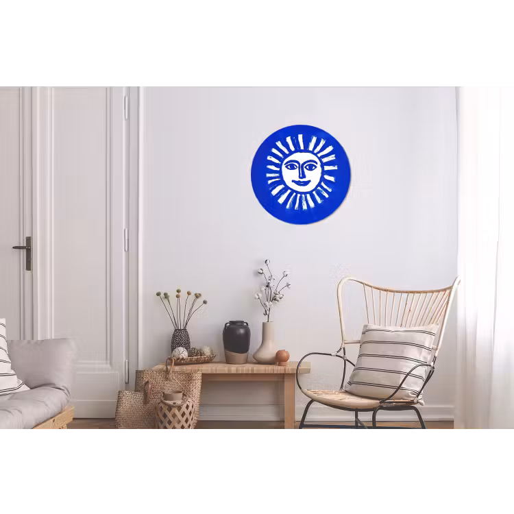 Zon - Gezicht - Penseelstructuur - Blauw Wandcirkel aluminium klein -woonkamer