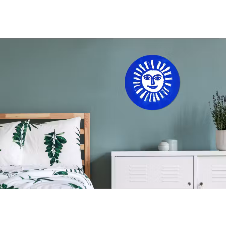 Zon - Gezicht - Penseelstructuur - Blauw Wandcirkel aluminium klein -slaapkamer