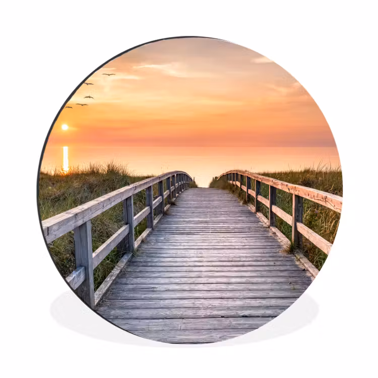 Zonsonderang - Zee - Pad - Gras - Duin - Vogels Wandcirkel aluminium klein -3d