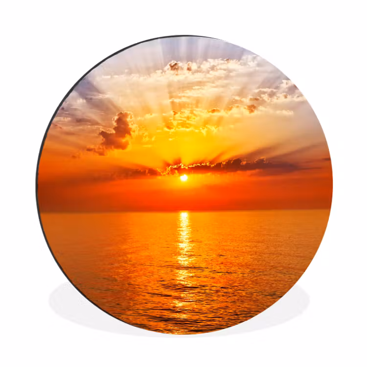 Zonsondergang - Zee - Lucht - Oranje - Horizon - Water Wandcirkel aluminium klein -3d