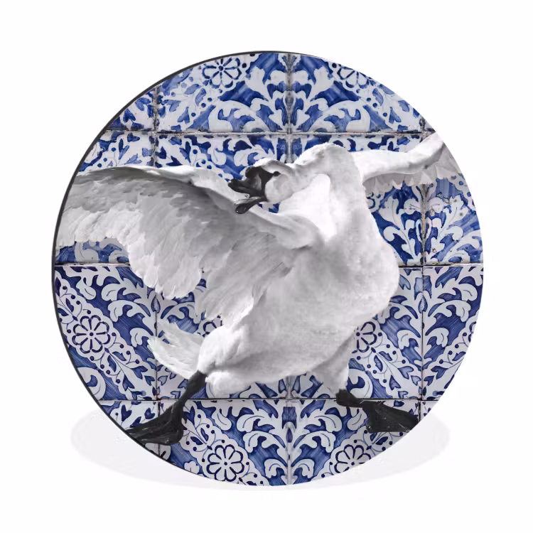 Zwaan - Kunst - Delfts blauw - Schilderij - Oude meesters Wandcirkel aluminium klein -3d