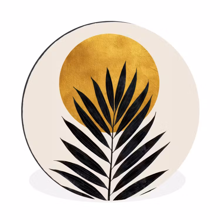 Zwart palmblad - Gouden cirkel - Beige achtergrond Wandcirkel aluminium klein -3d