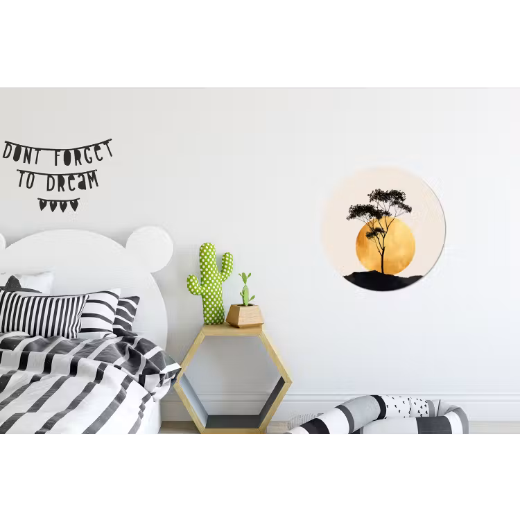 Zwarte boom - Gouden cirkel - Heuvel Wandcirkel aluminium klein -kinderkamer