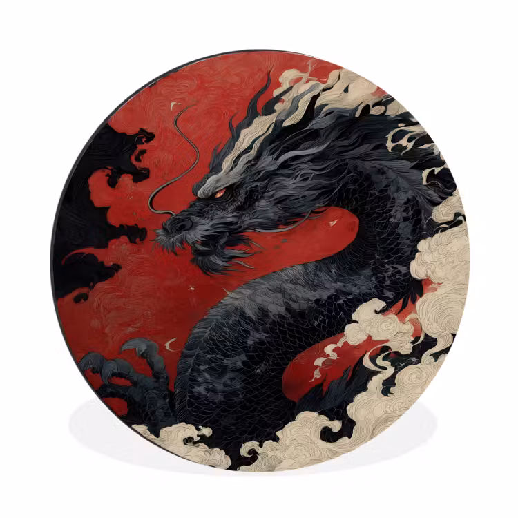 Zwarte draak - Rookwolken - Rood Wandcirkel aluminium klein -3d