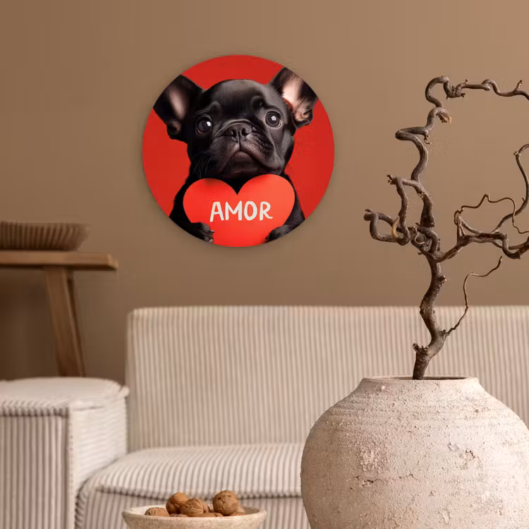 Amor - Hond  - Hartje - Rood Wandcirkel kunststof plaat 5mm dik klein -sfeer1