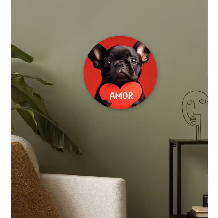 Amor - Hond  - Hartje - Rood Wandcirkel kunststof plaat 5mm dik klein -sfeer3