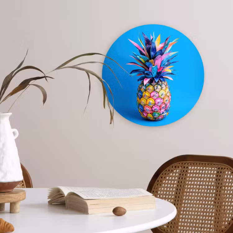 Ananas - Blauw - Tropisch - Vrolijk Wandcirkel kunststof plaat 5mm dik klein -sfeer4