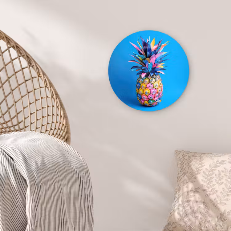 Ananas - Blauw - Tropisch - Vrolijk Wandcirkel kunststof plaat 5mm dik klein -sfeer5