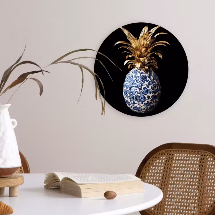 Ananas - Bloemen patroon - Goud - Delftsblauw Wandcirkel kunststof plaat 5mm dik klein -sfeer4