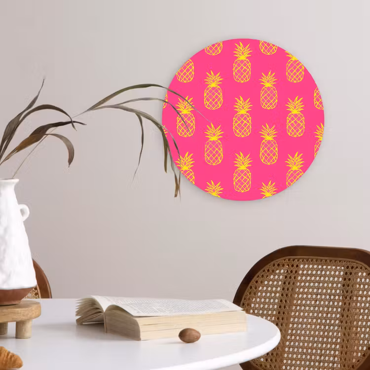Ananas - Trendy - Roze Wandcirkel kunststof plaat 5mm dik klein 188 -sfeer4