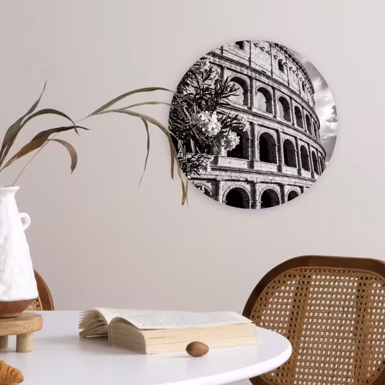 Architectuur - Colosseum - Rome - Historisch - Zwart-wit Wandcirkel kunststof plaat 5mm dik klein -sfeer4