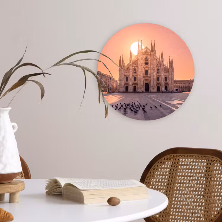 Architectuur - Milaan - Plein - Zonsopgang - Oranje Wandcirkel kunststof plaat 5mm dik klein -sfeer4