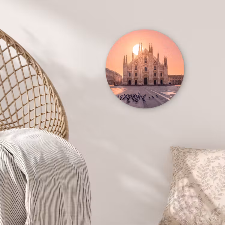 Architectuur - Milaan - Plein - Zonsopgang - Oranje Wandcirkel kunststof plaat 5mm dik klein -sfeer5