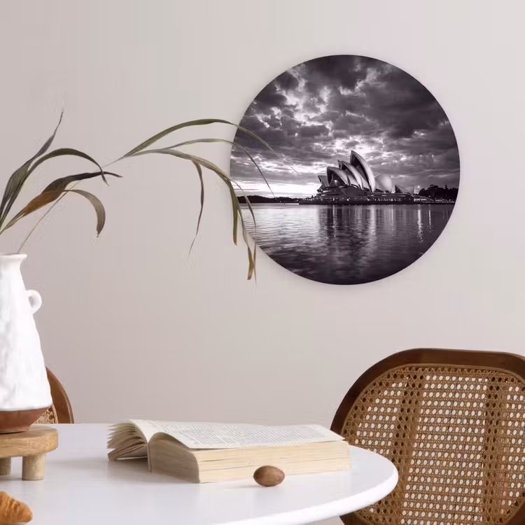 Architectuur - Water - Stad - Modern - Zwart-wit Wandcirkel kunststof plaat 5mm dik klein -sfeer4