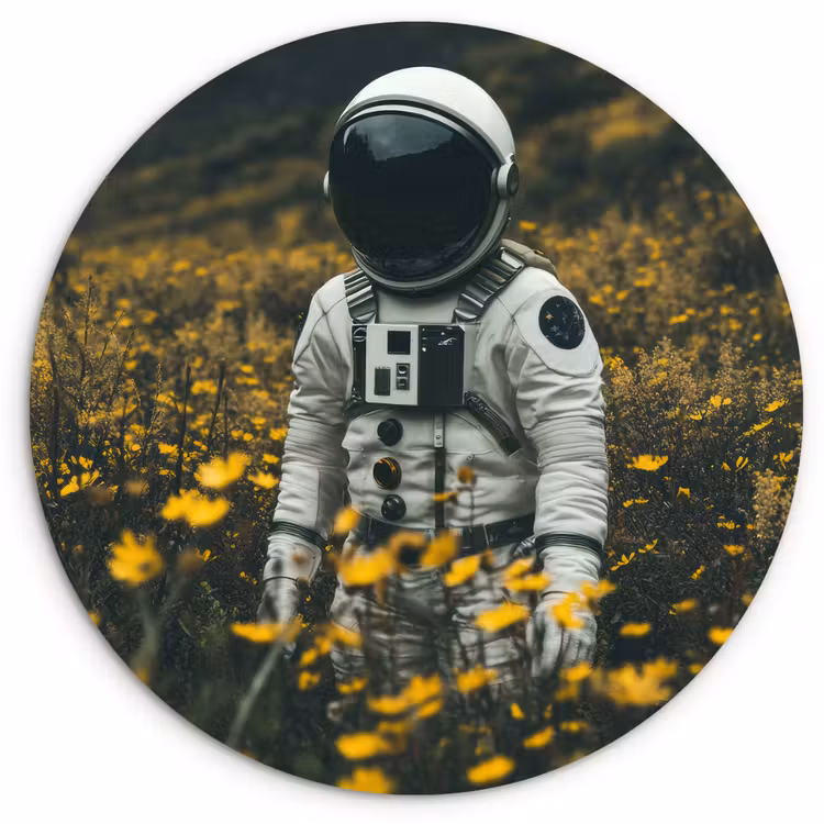 Astronaut - Bloemen - Veld - Geel Wandcirkel kunststof plaat 5mm dik klein -3d
