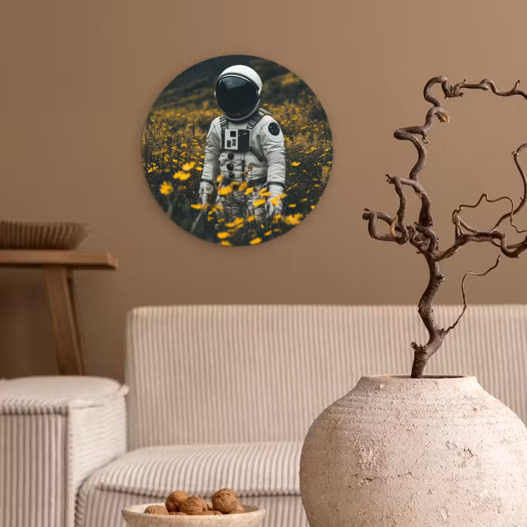 Astronaut - Bloemen - Veld - Geel Wandcirkel kunststof plaat 5mm dik klein -sfeer1