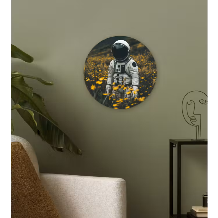 Astronaut - Bloemen - Veld - Geel Wandcirkel kunststof plaat 5mm dik klein -sfeer3