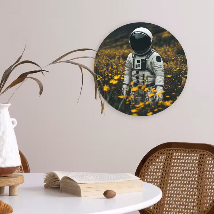 Astronaut - Bloemen - Veld - Geel Wandcirkel kunststof plaat 5mm dik klein -sfeer4