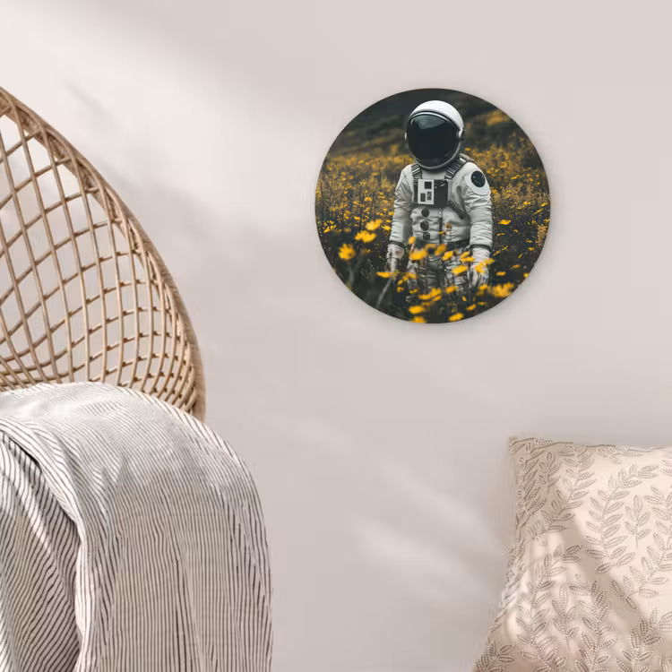 Astronaut - Bloemen - Veld - Geel Wandcirkel kunststof plaat 5mm dik klein -sfeer5