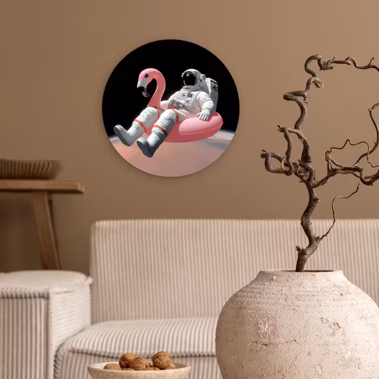 Astronaut - Flamingo - Zwemband - Roze Wandcirkel kunststof plaat 5mm dik klein -sfeer1