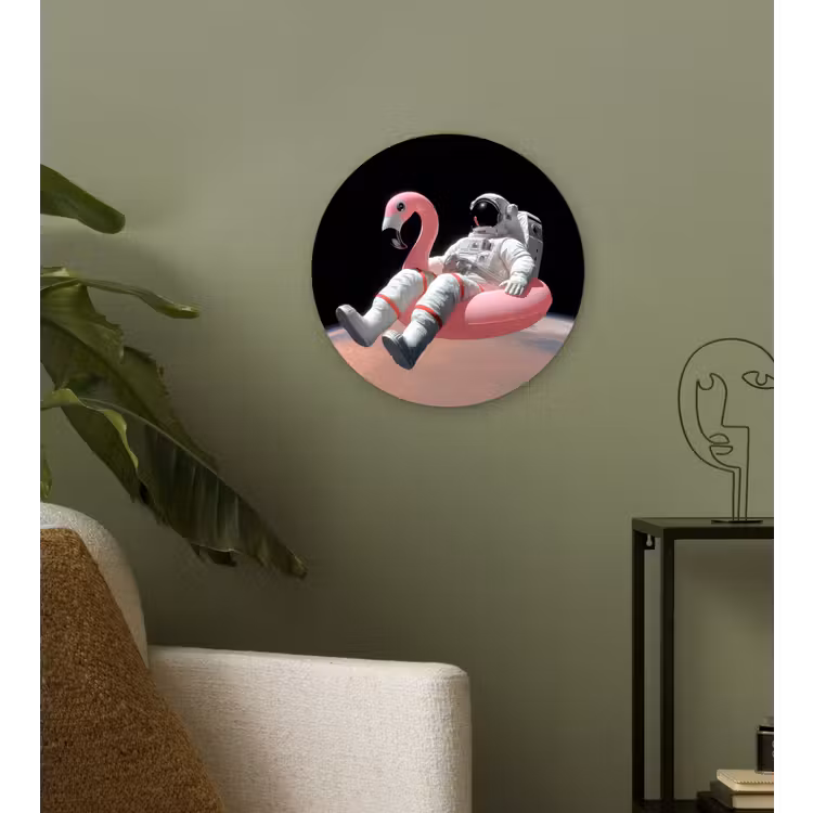 Astronaut - Flamingo - Zwemband - Roze Wandcirkel kunststof plaat 5mm dik klein -sfeer3