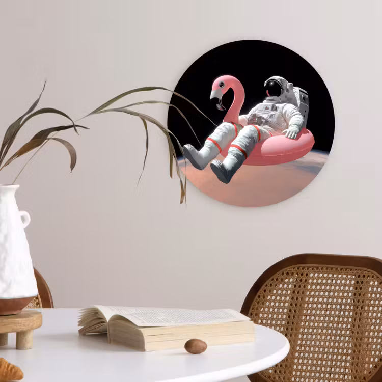 Astronaut - Flamingo - Zwemband - Roze Wandcirkel kunststof plaat 5mm dik klein -sfeer4