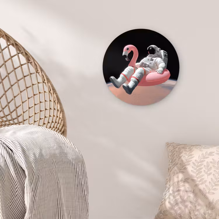 Astronaut - Flamingo - Zwemband - Roze Wandcirkel kunststof plaat 5mm dik klein -sfeer5