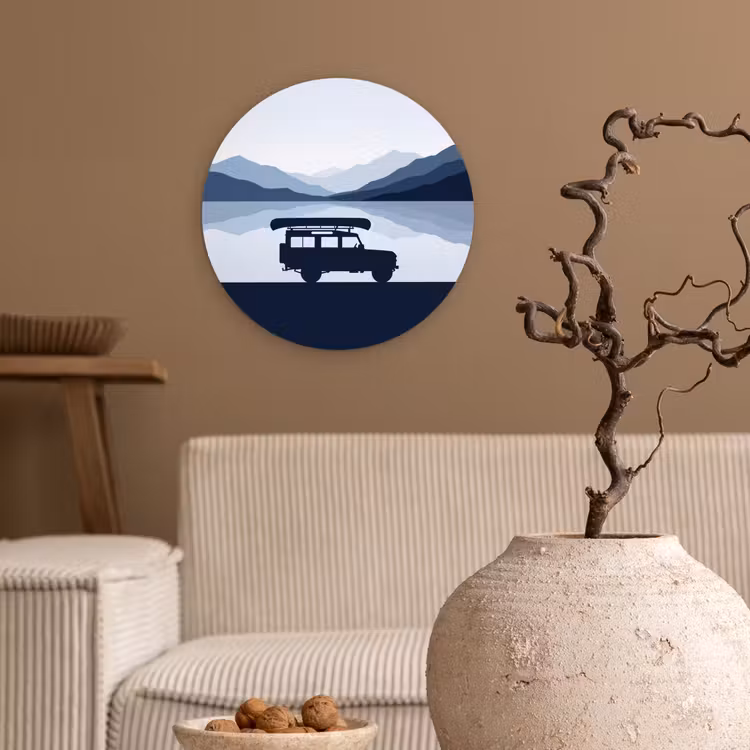 Auto - Meer - Bergen - Blauw Wandcirkel kunststof plaat 5mm dik klein -sfeer1