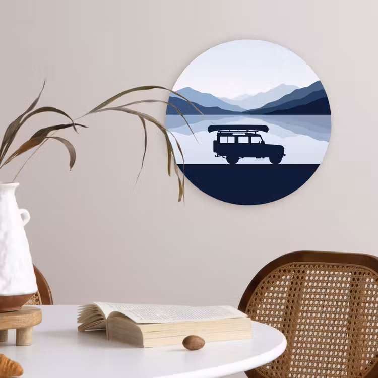 Auto - Meer - Bergen - Blauw Wandcirkel kunststof plaat 5mm dik klein -sfeer4