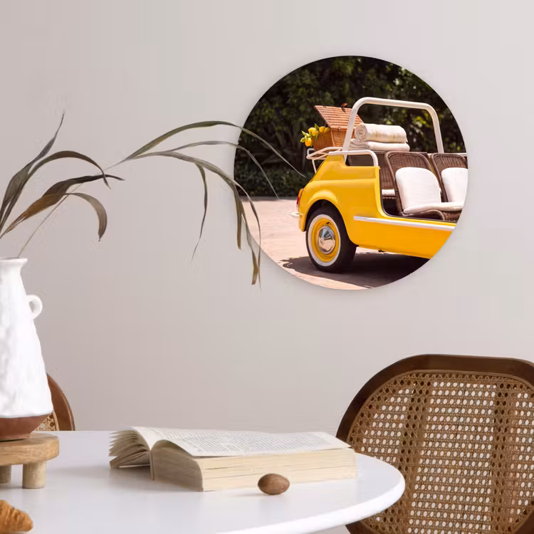 Auto - Picknick - Zomer - Geel Wandcirkel kunststof plaat 5mm dik klein -sfeer4