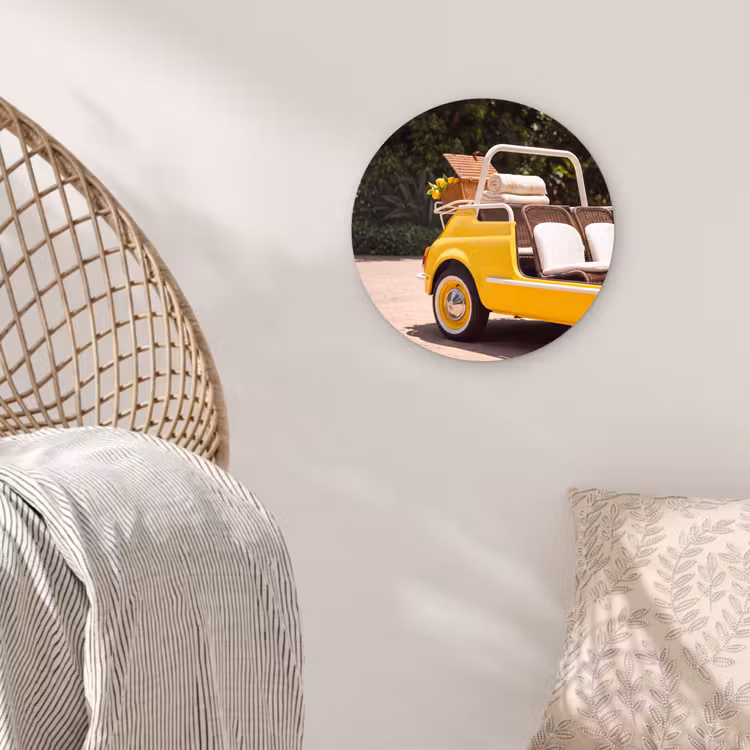 Auto - Picknick - Zomer - Geel Wandcirkel kunststof plaat 5mm dik klein -sfeer5