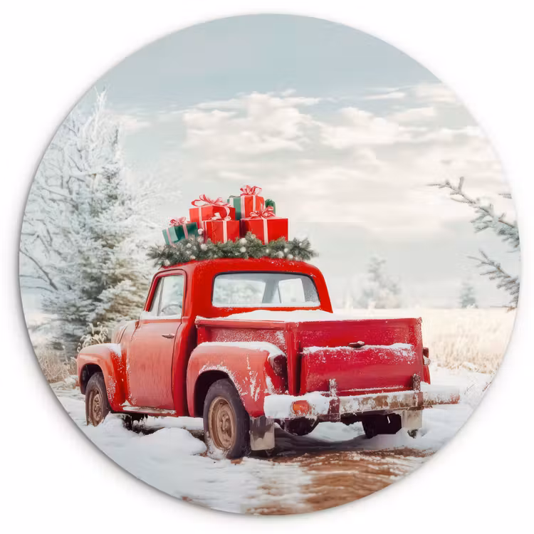 Auto - Rood - Cadeaus - Winter - Sneeuw - Kerst Wandcirkel kunststof plaat 5mm dik klein -3d