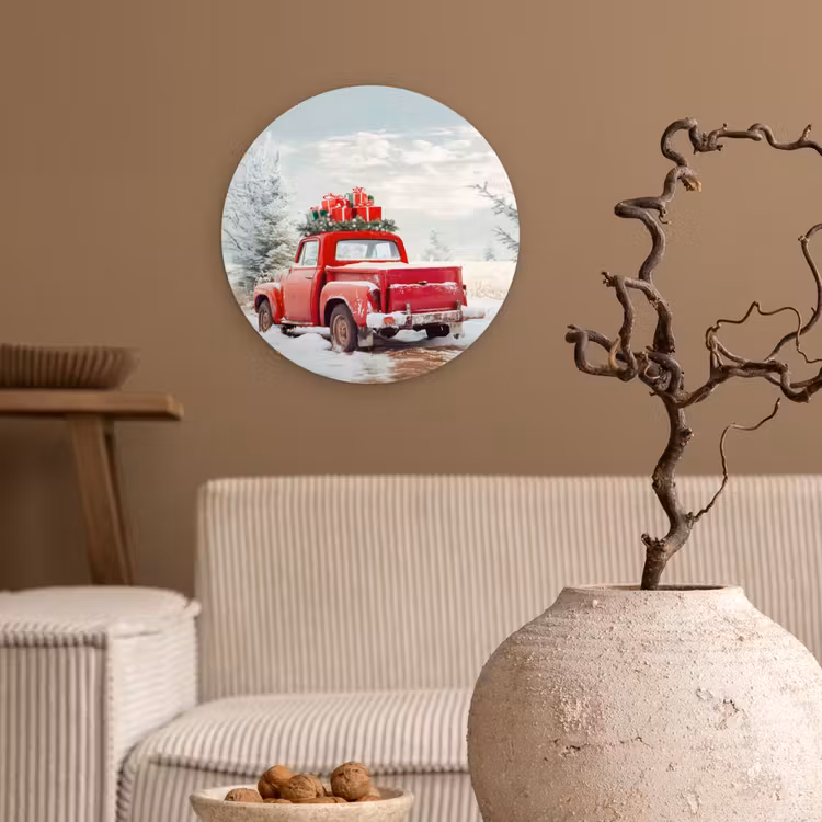 Auto - Rood - Cadeaus - Winter - Sneeuw - Kerst Wandcirkel kunststof plaat 5mm dik klein -sfeer1