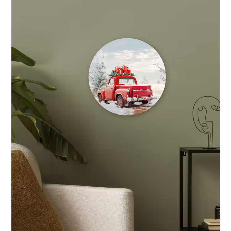 Auto - Rood - Cadeaus - Winter - Sneeuw - Kerst Wandcirkel kunststof plaat 5mm dik klein -sfeer3