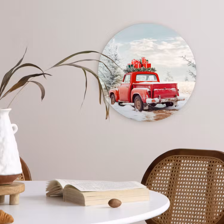 Auto - Rood - Cadeaus - Winter - Sneeuw - Kerst Wandcirkel kunststof plaat 5mm dik klein -sfeer4