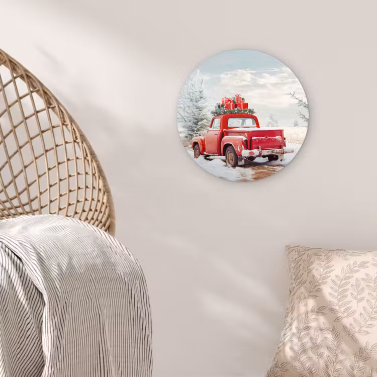 Auto - Rood - Cadeaus - Winter - Sneeuw - Kerst Wandcirkel kunststof plaat 5mm dik klein -sfeer5