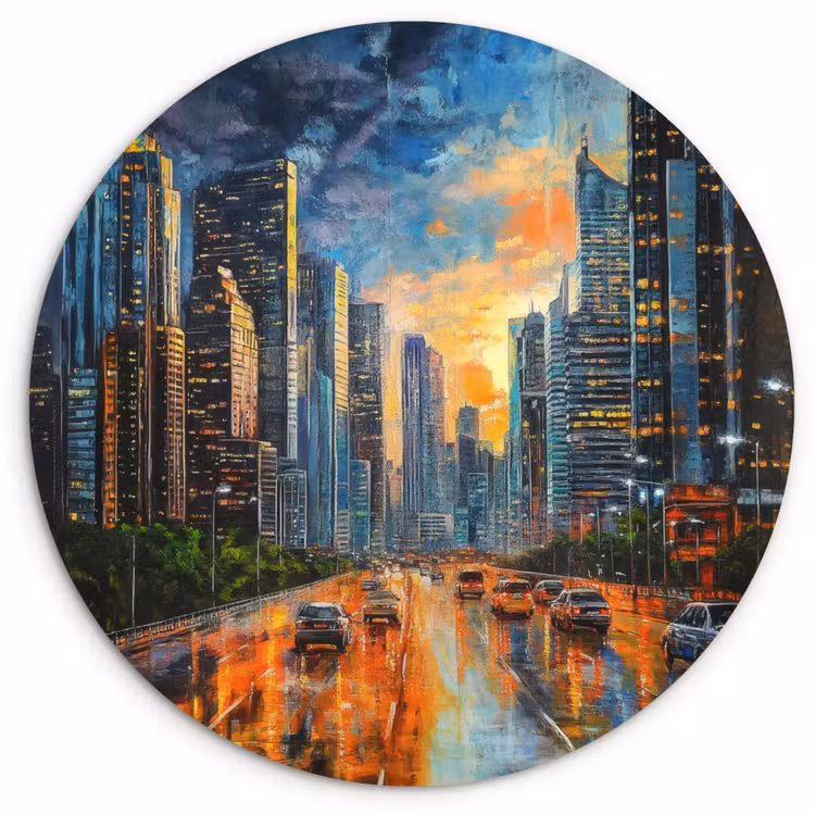 Auto - Skyline - Zon - Blauw Wandcirkel kunststof plaat 5mm dik klein -3d