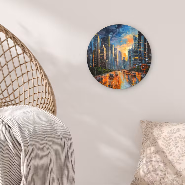 Auto - Skyline - Zon - Blauw Wandcirkel kunststof plaat 5mm dik klein -sfeer5