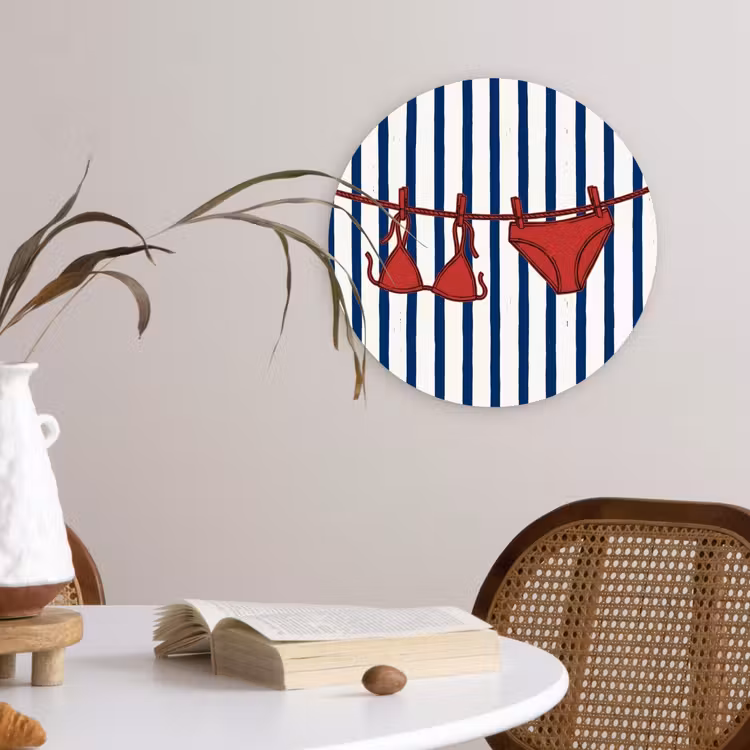 Badkleding - Waslijn - Zomer - Illustratie - Rood Wandcirkel kunststof plaat 5mm dik klein -sfeer4