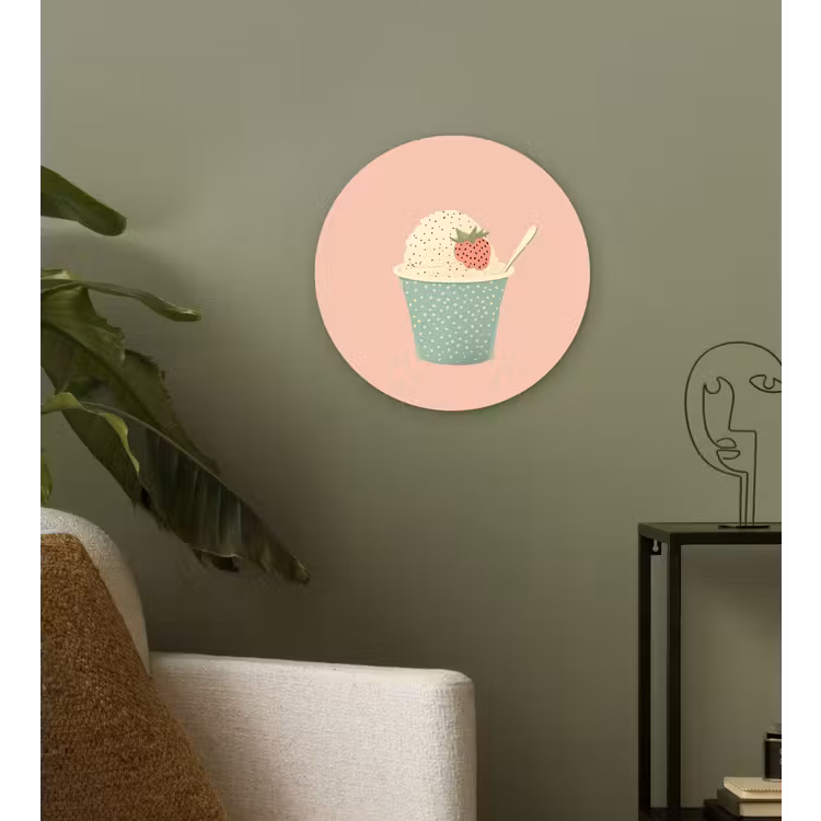 Bakje - Ijs - Aardbei - Roze Wandcirkel kunststof plaat 5mm dik klein -sfeer3