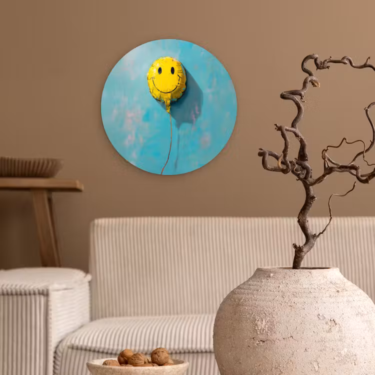 Ballon - Geel - Smiley Wandcirkel kunststof plaat 5mm dik klein -sfeer1