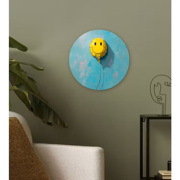 Ballon - Geel - Smiley Wandcirkel kunststof plaat 5mm dik klein -sfeer3