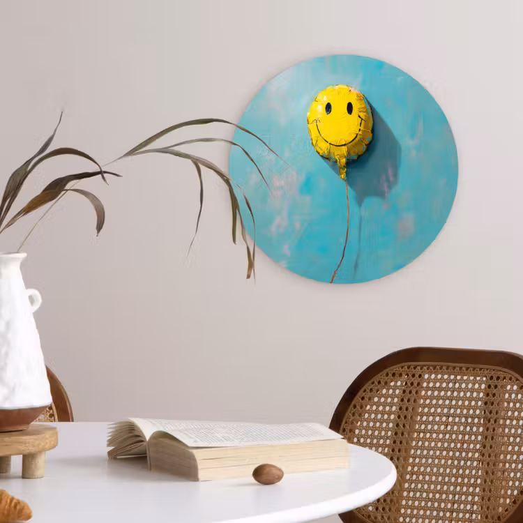 Ballon - Geel - Smiley Wandcirkel kunststof plaat 5mm dik klein -sfeer4