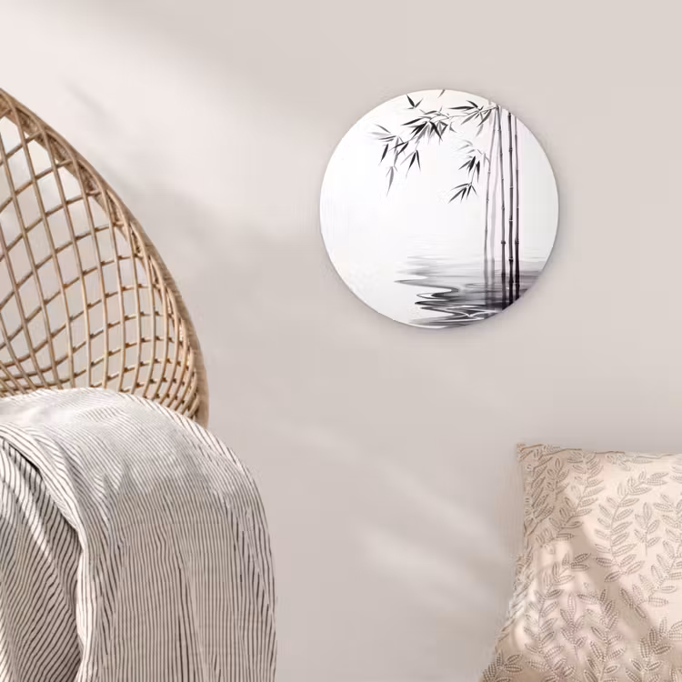 Bamboestammen - Water - Minimalistisch - Wit Wandcirkel kunststof plaat 5mm dik klein -sfeer5