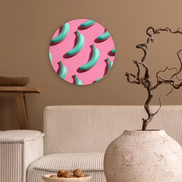 Bananen - Patroon - Blauw - Roze Wandcirkel kunststof plaat 5mm dik klein -sfeer1