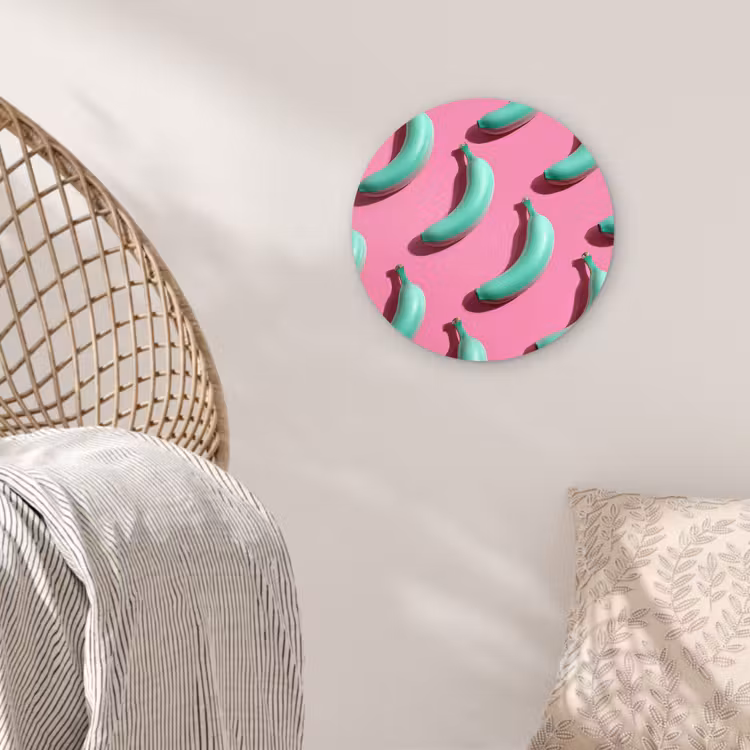 Bananen - Patroon - Blauw - Roze Wandcirkel kunststof plaat 5mm dik klein -sfeer5