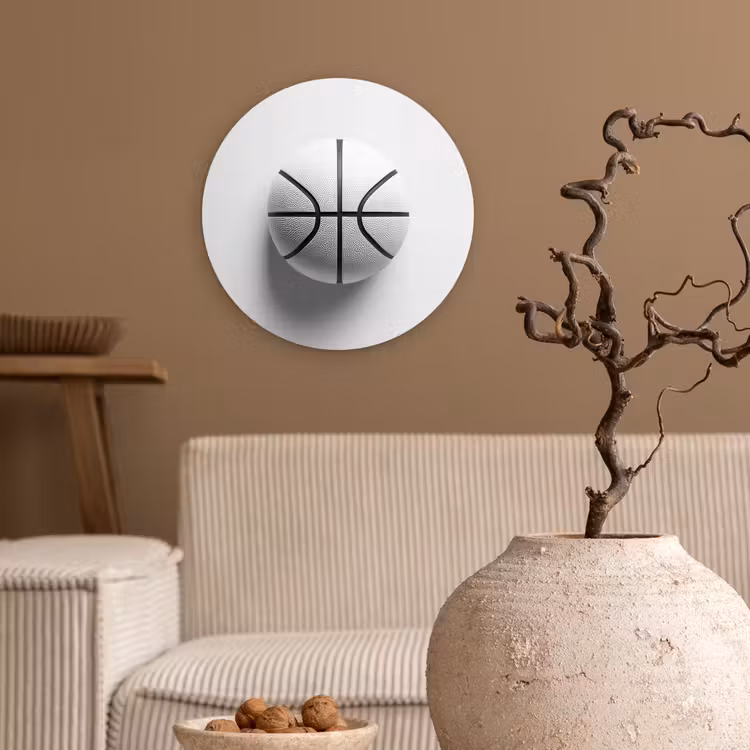 Basketbal - Wit - Schaduw - Lijnen Wandcirkel kunststof plaat 5mm dik klein -sfeer1