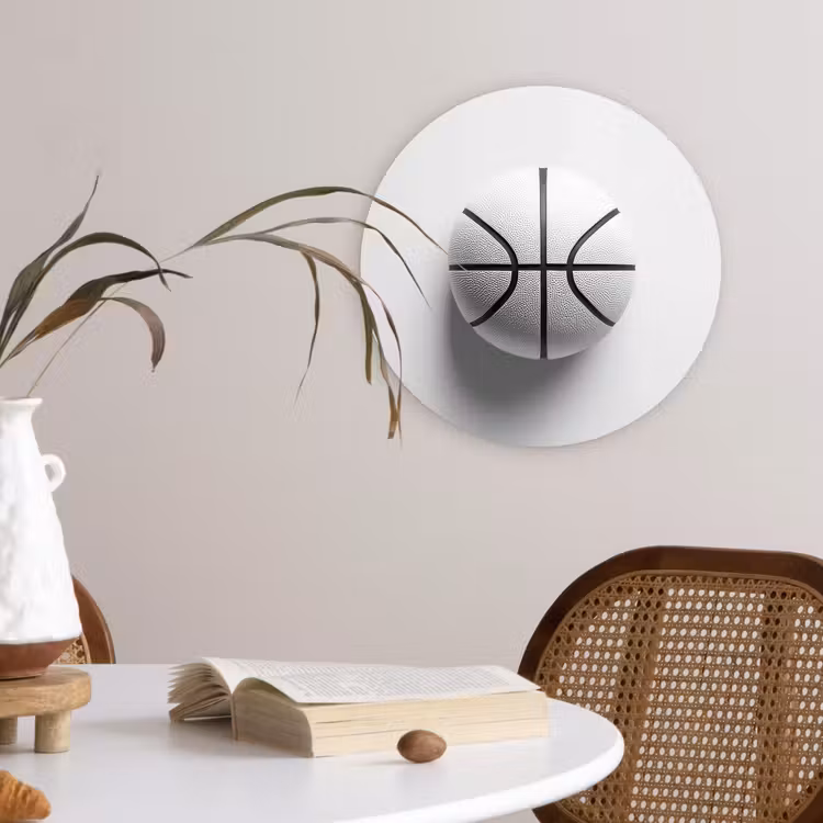 Basketbal - Wit - Schaduw - Lijnen Wandcirkel kunststof plaat 5mm dik klein -sfeer4
